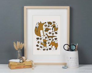 Hand illustrated foxes and leaves in allotment art print