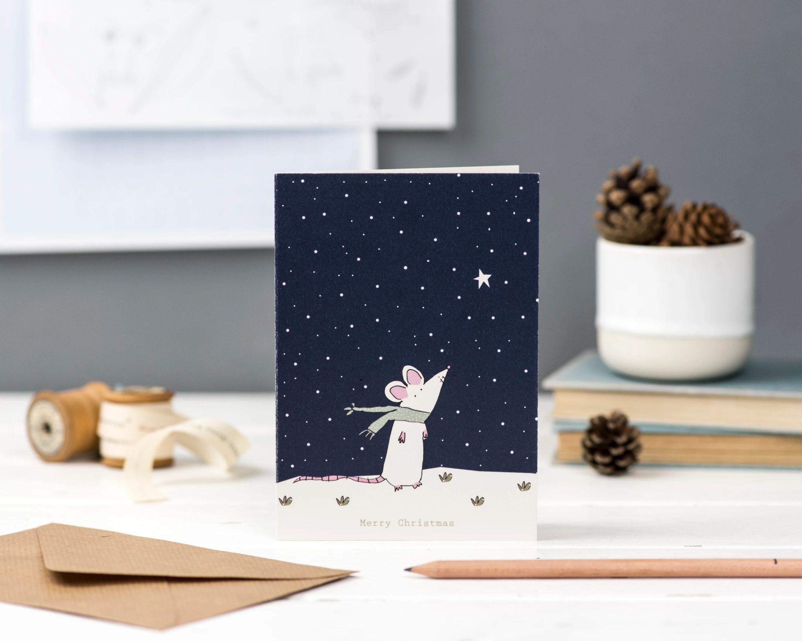 Hand illustrated mouse greeting card with merry christmas foil text
