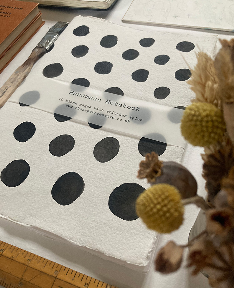 Handmade sketchbook featured white background and black polka dots