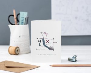 Hand illustrated greeting card with mouse holding a map with text I'd be lost without you