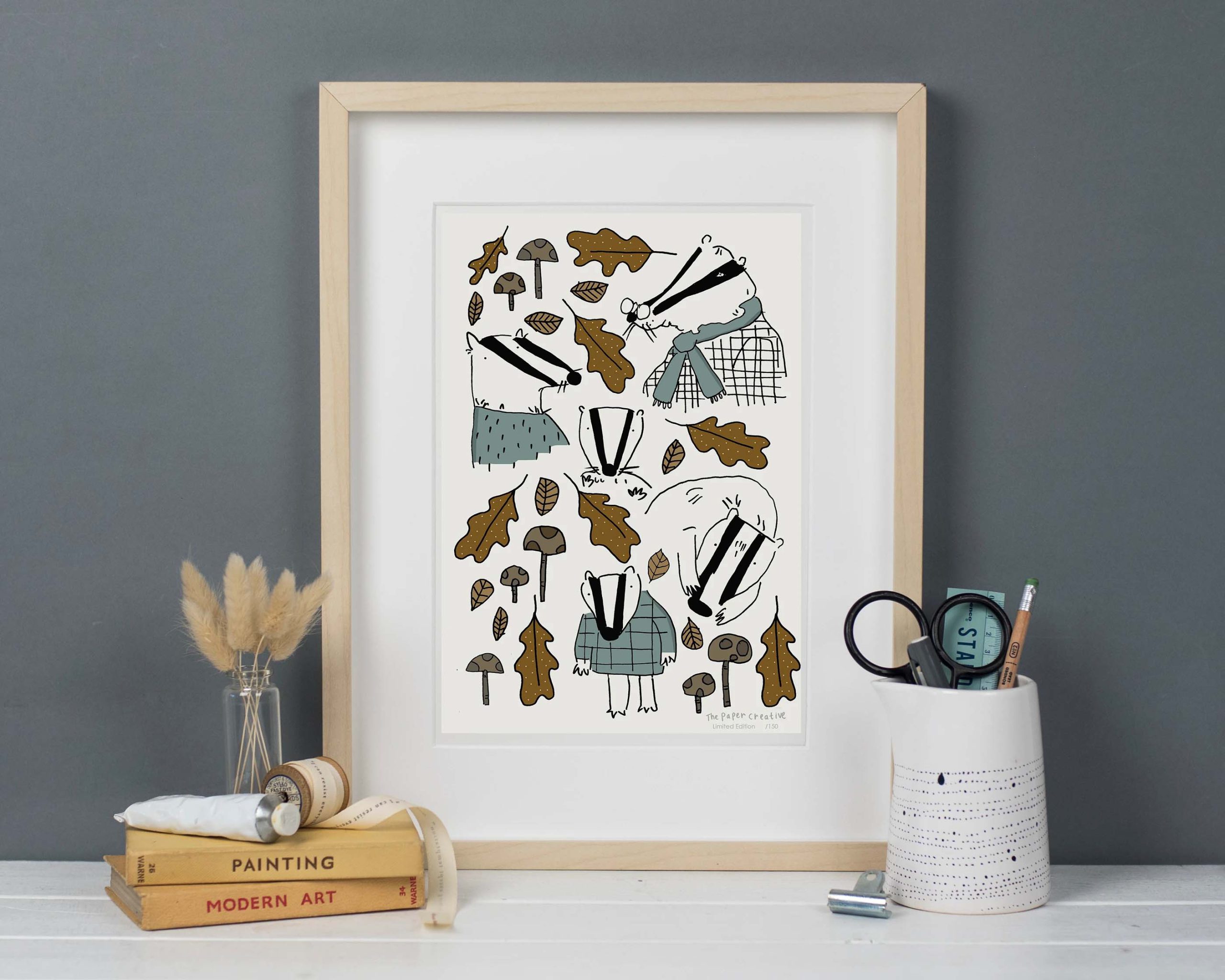 Hand illustrated badger and leaves character art print