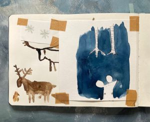 Sketchbook page of hand painted reindeers in watercolours