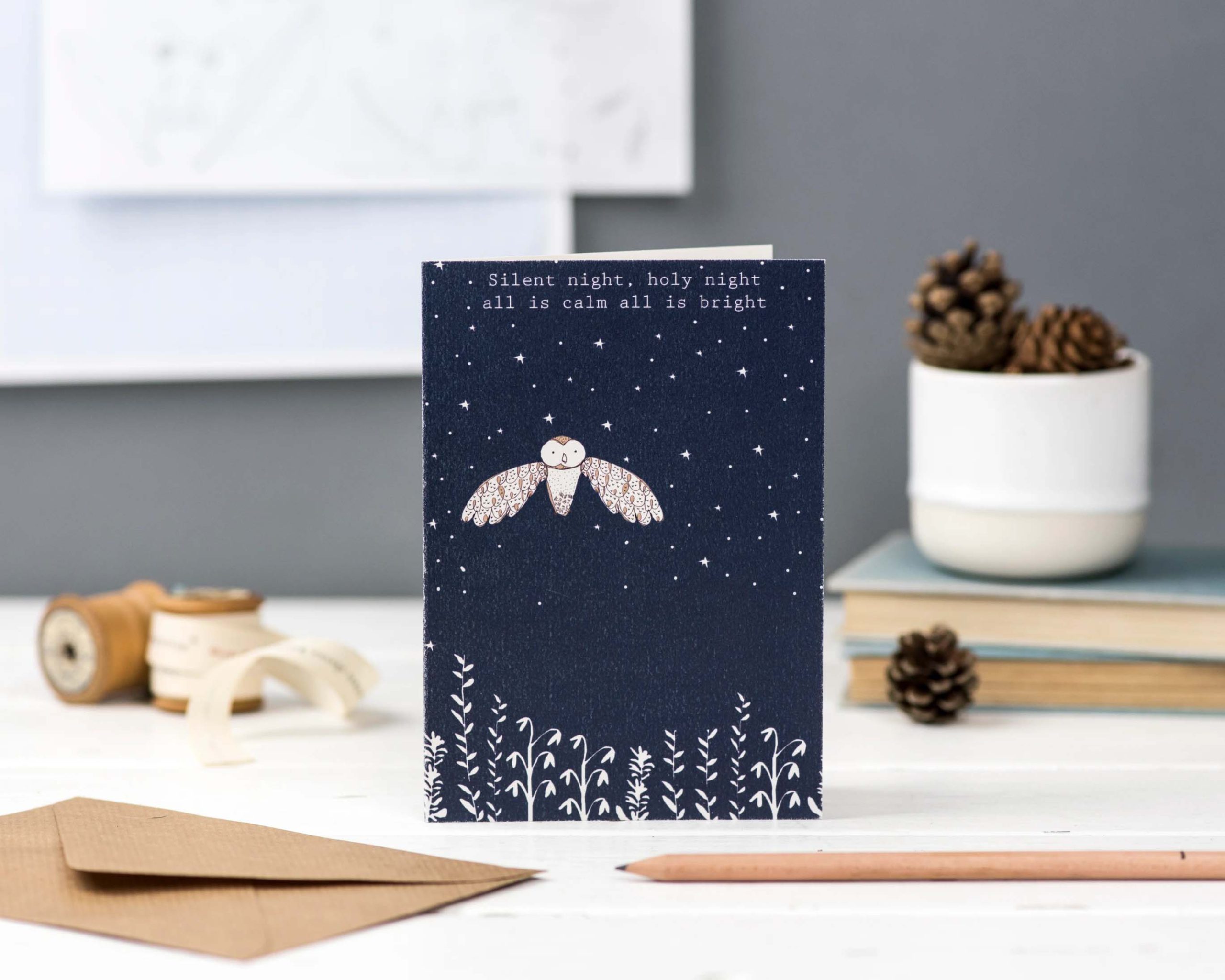Hand illustrated owl greeting card for christmas with text silent night, holy night all is calm all is bright