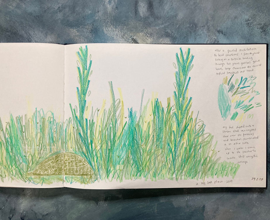 Sketchbook page of a tortoise moving through greenery